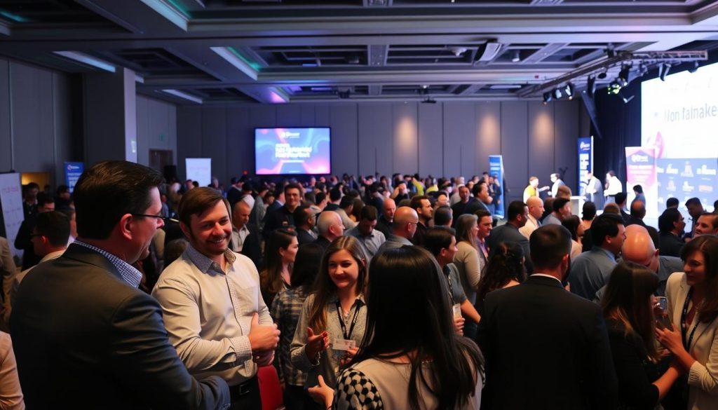 A crowded event venue, bustling with energy and collaboration. In the foreground, two business partners shake hands, their expressions animated as they discuss a joint marketing campaign. The middle ground features a diverse group of attendees networking, exchanging cards, and animatedly conversing. Mood lighting casts a warm, professional glow, while strategically placed event banners and logos subtly brand the atmosphere. The background showcases a stage setup, ready to host a panel discussion on leveraging partnerships for event marketing success. The overall scene conveys a vibrant, interconnected ecosystem of ideas and opportunities. A crowded event venue, bustling with energy and collaboration. In the foreground, two business partners shake hands, their expressions animated as they discuss a joint marketing campaign. The middle ground features a diverse group of attendees networking, exchanging cards, and animatedly conversing. Mood lighting casts a warm, professional glow, while strategically placed event banners and logos subtly brand the atmosphere. The background showcases a stage setup, ready to host a panel discussion on leveraging partnerships for event marketing success. The overall scene conveys a vibrant, interconnected ecosystem of ideas and opportunities.