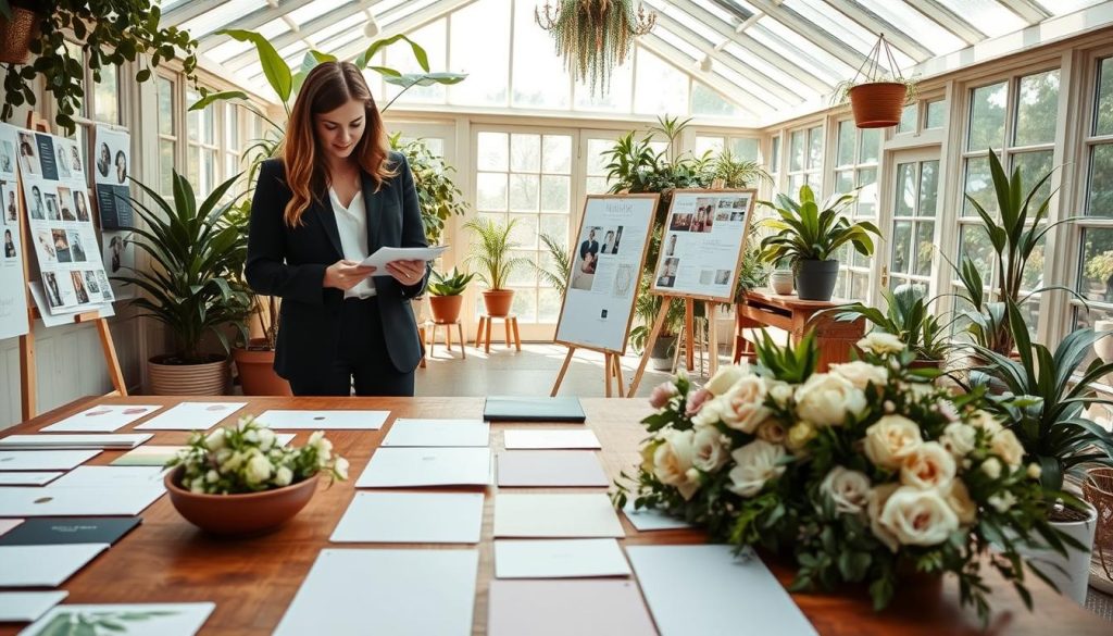 A lush, garden-inspired wedding event planning workspace. In the foreground, a large wooden table displays an array of wedding stationery, florals, and décor samples. In the middle ground, a stylish wedding planner reviews notes on a clipboard, surrounded by mood boards and wedding planning materials. The background features an airy, sun-dappled conservatory with floor-to-ceiling windows, potted plants, and soft natural lighting that creates a serene, inspirational atmosphere. The overall scene conveys the professionalism, attention to detail, and creative flair of a top-rated wedding event planning service.