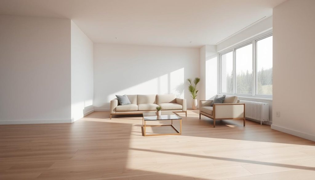 A minimalist living room with clean lines, natural light, and a calming atmosphere. Pale wood floors and a neutral color palette create a serene ambiance. A low-profile sofa and armchair are arranged in a balanced composition, accented by a sleek, glass-topped coffee table. Indirect lighting casts a soft glow, while large windows frame a simple, uncluttered view. The space exudes a sense of tranquility and elegant simplicity, embodying the essence of minimalist interior design. A minimalist living room with clean lines, natural light, and a calming atmosphere. Pale wood floors and a neutral color palette create a serene ambiance. A low-profile sofa and armchair are arranged in a balanced composition, accented by a sleek, glass-topped coffee table. Indirect lighting casts a soft glow, while large windows frame a simple, uncluttered view. The space exudes a sense of tranquility and elegant simplicity, embodying the essence of minimalist interior design.