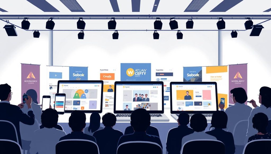 A modern, minimalist event marketing channels illustration showcasing various communication methods. In the foreground, eye-catching digital devices such as smartphones, laptops, and tablets displaying social media platforms, email, and event websites. In the middle ground, physical marketing materials like brochures, posters, and banners. In the background, a clean, white setting with soft, directional lighting, emphasizing the professionalism and sophistication of the event marketing strategies. The overall composition conveys an integrated, omnichannel approach to effectively reach and engage the target audience. A modern, minimalist event marketing channels illustration showcasing various communication methods. In the foreground, eye-catching digital devices such as smartphones, laptops, and tablets displaying social media platforms, email, and event websites. In the middle ground, physical marketing materials like brochures, posters, and banners. In the background, a clean, white setting with soft, directional lighting, emphasizing the professionalism and sophistication of the event marketing strategies. The overall composition conveys an integrated, omnichannel approach to effectively reach and engage the target audience.