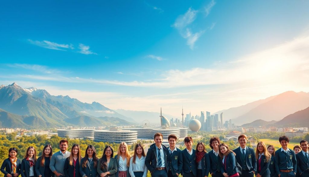 A panoramic view of leading international schools worldwide, set against a backdrop of majestic mountains and a vibrant blue sky. In the foreground, a group of diverse students in uniforms stand proudly, their faces expressing a sense of global unity and academic excellence. The middle ground features state-of-the-art school buildings, with sleek modern architecture and lush green landscapes. In the distance, a skyline of iconic landmarks from various nations, symbolizing the schools' commitment to a truly international education. The scene is bathed in warm, golden sunlight, conveying a sense of optimism and opportunity. The overall composition captures the essence of a world-class education that prepares students for a globalized future.