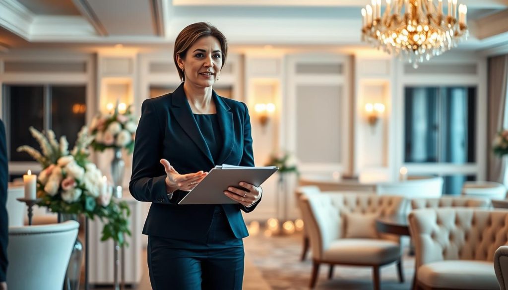 A professional wedding coordinator standing in a well-lit, elegant event space, dressed in a smart, tailored outfit. The coordinator is holding a clipboard and gesturing with their hands, engaged in discussion with a client. The background features tasteful decor elements like floral arrangements, candles, and chic furniture, creating a refined, sophisticated ambiance. Soft, warm lighting illuminates the scene, capturing the coordinator's poise and attentiveness. The overall impression conveys the coordinator's expertise, attention to detail, and ability to create a seamless, memorable wedding experience.