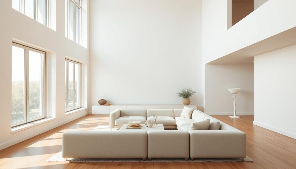 A serene, minimalist interior design with clean lines and neutral tones. A spacious, open-concept living room with high ceilings and large windows that flood the space with natural light. A sleek, low-profile sofa in a soft, muted fabric, accented by a few carefully curated decor pieces, such as a modern coffee table and a sculptural floor lamp. The walls are painted in a calming off-white shade, creating a sense of tranquility. Warm wooden floors and subtle texture on the walls add depth and visual interest. The overall atmosphere is one of understated elegance and sophisticated simplicity. A serene, minimalist interior design with clean lines and neutral tones. A spacious, open-concept living room with high ceilings and large windows that flood the space with natural light. A sleek, low-profile sofa in a soft, muted fabric, accented by a few carefully curated decor pieces, such as a modern coffee table and a sculptural floor lamp. The walls are painted in a calming off-white shade, creating a sense of tranquility. Warm wooden floors and subtle texture on the walls add depth and visual interest. The overall atmosphere is one of understated elegance and sophisticated simplicity.