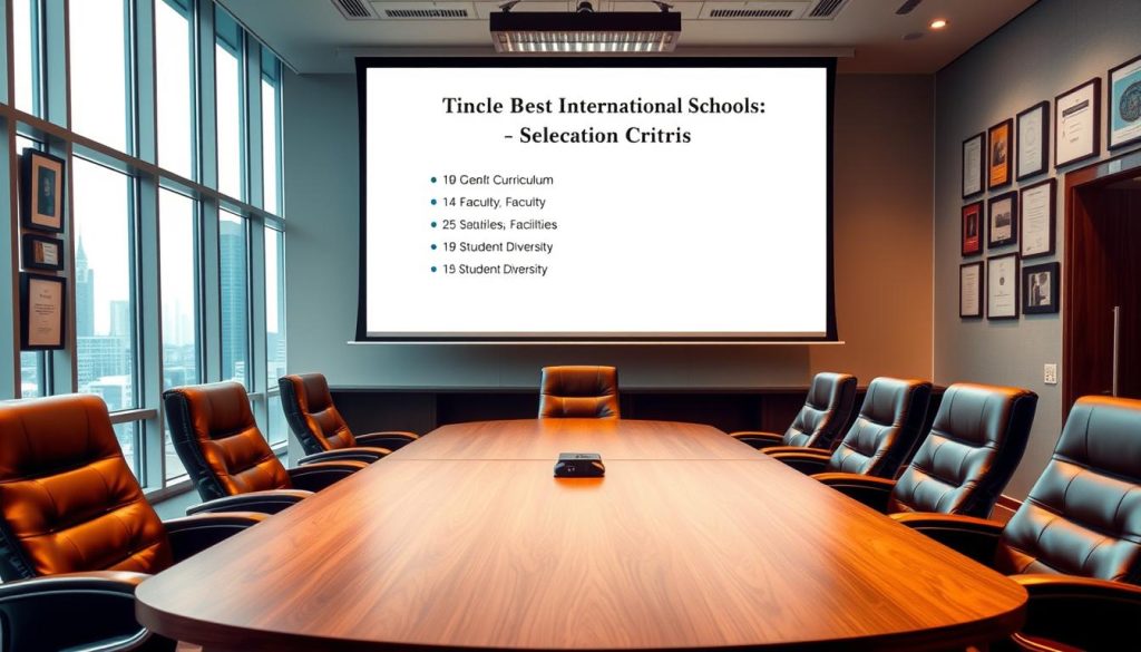 A sleek, modern office interior with floor-to-ceiling windows overlooking a cityscape. A large, wooden conference table dominates the foreground, surrounded by plush leather chairs. The walls are adorned with framed certificates and accolades, conveying a sense of academic excellence. In the background, a projector screen displays a presentation titled "Best International Schools: Selection Criteria", with bullet points highlighting key factors such as curriculum, faculty, facilities, and student diversity. The lighting is warm and inviting, creating a professional yet comfortable atmosphere. The overall scene conveys an air of prestige and global connectivity, reflecting the caliber of the international schools being showcased.