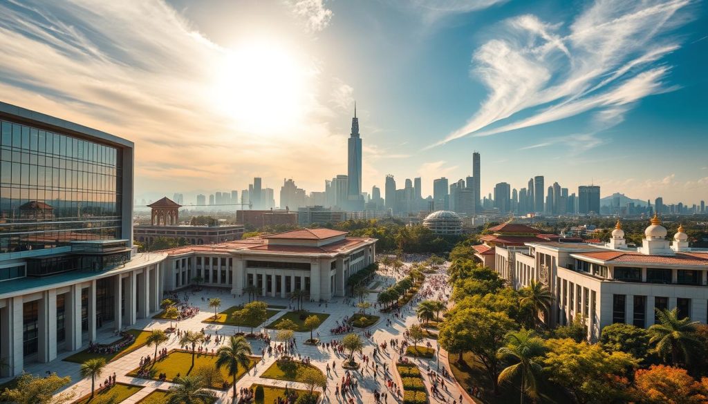 A sprawling campus of prestigious international schools nestled amidst a vibrant Asian cityscape. Elegant modern buildings with sleek glass facades and meticulously landscaped grounds stand in the foreground, their architectural design showcasing a harmonious blend of traditional and contemporary styles. In the middle ground, bustling streets teeming with students, parents, and faculty members, creating a lively, diverse atmosphere. The background features a stunning skyline of towering skyscrapers, their reflections shimmering in the distance, symbolizing the schools' global connectivity and reputation. Warm, golden sunlight filters through wispy clouds, casting a serene, inspirational glow over the entire scene. The image conveys a sense of academic excellence, cultural exchange, and the pinnacle of international education in Asia.