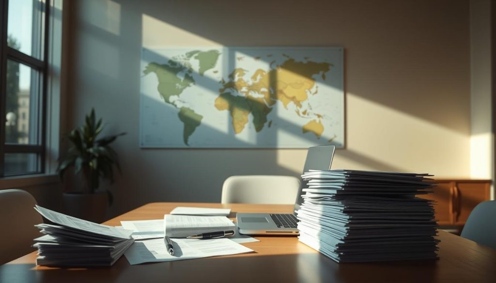 A sunlit, elegant interior with a desk, laptop, and stacks of paperwork, symbolizing the financial and administrative aspects of international school enrollment. In the background, a large world map on the wall represents the global reach and diversity of the institution. Soft, directional lighting casts subtle shadows, creating a pensive, analytical atmosphere. The overall composition conveys a sense of thoughtful consideration and careful navigation of the complex process of choosing the right international school. A sunlit, elegant interior with a desk, laptop, and stacks of paperwork, symbolizing the financial and administrative aspects of international school enrollment. In the background, a large world map on the wall represents the global reach and diversity of the institution. Soft, directional lighting casts subtle shadows, creating a pensive, analytical atmosphere. The overall composition conveys a sense of thoughtful consideration and careful navigation of the complex process of choosing the right international school.