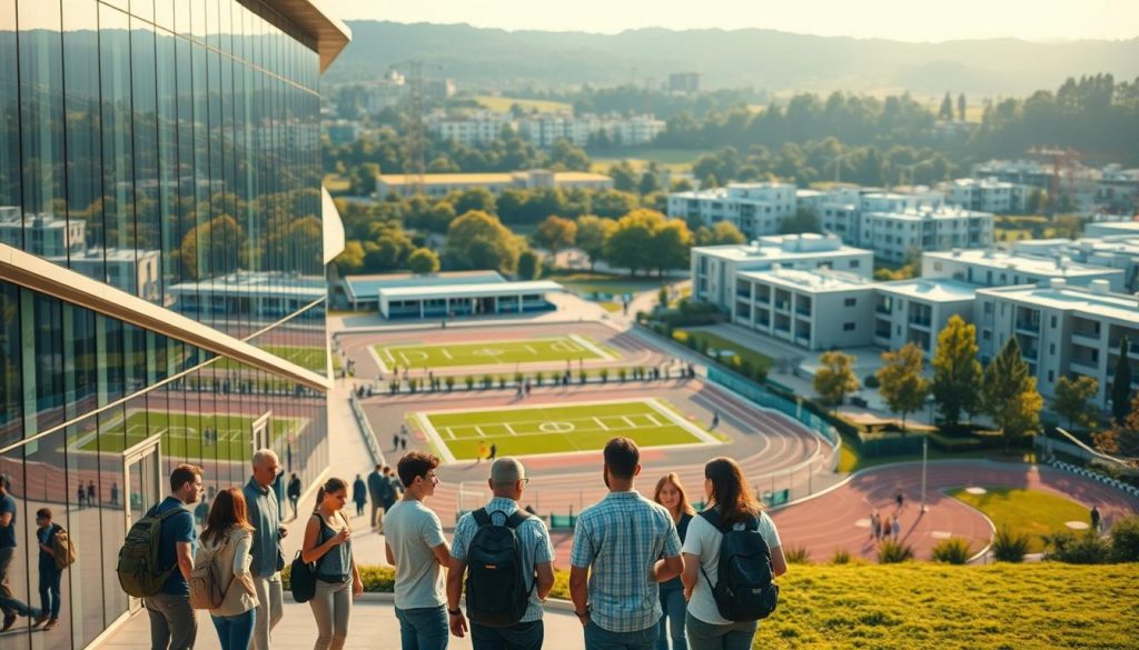 An expansive, modern campus with state-of-the-art facilities. In the foreground, a group of students in casual wear engage in lively discussion near a sleek, glass-fronted building. The middle ground reveals a sports complex with a well-equipped gymnasium and running track. In the background, a cluster of eco-friendly, sustainable classroom blocks with abundant natural light and greenery. The scene is bathed in warm, golden afternoon sunlight, conveying a sense of vibrant, collaborative learning in a nurturing, international environment. An expansive, modern campus with state-of-the-art facilities. In the foreground, a group of students in casual wear engage in lively discussion near a sleek, glass-fronted building. The middle ground reveals a sports complex with a well-equipped gymnasium and running track. In the background, a cluster of eco-friendly, sustainable classroom blocks with abundant natural light and greenery. The scene is bathed in warm, golden afternoon sunlight, conveying a sense of vibrant, collaborative learning in a nurturing, international environment.