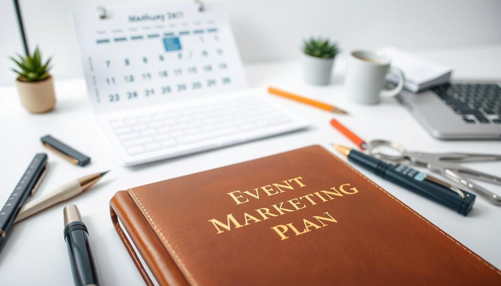 Detailed image of an "Event Marketing Plan" on a crisp white background, illuminated by soft, diffused natural lighting. In the foreground, a leather-bound notebook with the title embossed in gold. Surrounding the notebook, various office supplies like a vintage fountain pen, a ruler, a pair of scissors, and a small potted succulent. In the middle ground, a calendar open to the current month, with important dates and deadlines highlighted. In the background, a simple, minimalist desk with a laptop, a stack of papers, and a mug of coffee, conveying a sense of productivity and focus. The overall mood is one of organization, attention to detail, and a well-thought-out approach to event marketing. Detailed image of an "Event Marketing Plan" on a crisp white background, illuminated by soft, diffused natural lighting. In the foreground, a leather-bound notebook with the title embossed in gold. Surrounding the notebook, various office supplies like a vintage fountain pen, a ruler, a pair of scissors, and a small potted succulent. In the middle ground, a calendar open to the current month, with important dates and deadlines highlighted. In the background, a simple, minimalist desk with a laptop, a stack of papers, and a mug of coffee, conveying a sense of productivity and focus. The overall mood is one of organization, attention to detail, and a well-thought-out approach to event marketing.