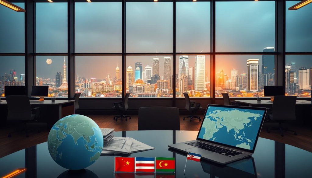 Elegant corporate office interior with sleek desks and chairs, large windows overlooking a bustling Asian cityscape. Soft, warm lighting illuminates detailed financial reports, ledgers, and a laptop displaying a global map. In the foreground, a stylized globe and international flags allude to the global nature of international school operations. The overall mood is professional, informative, and hints at the complex financial considerations required to manage a successful international school in Asia.